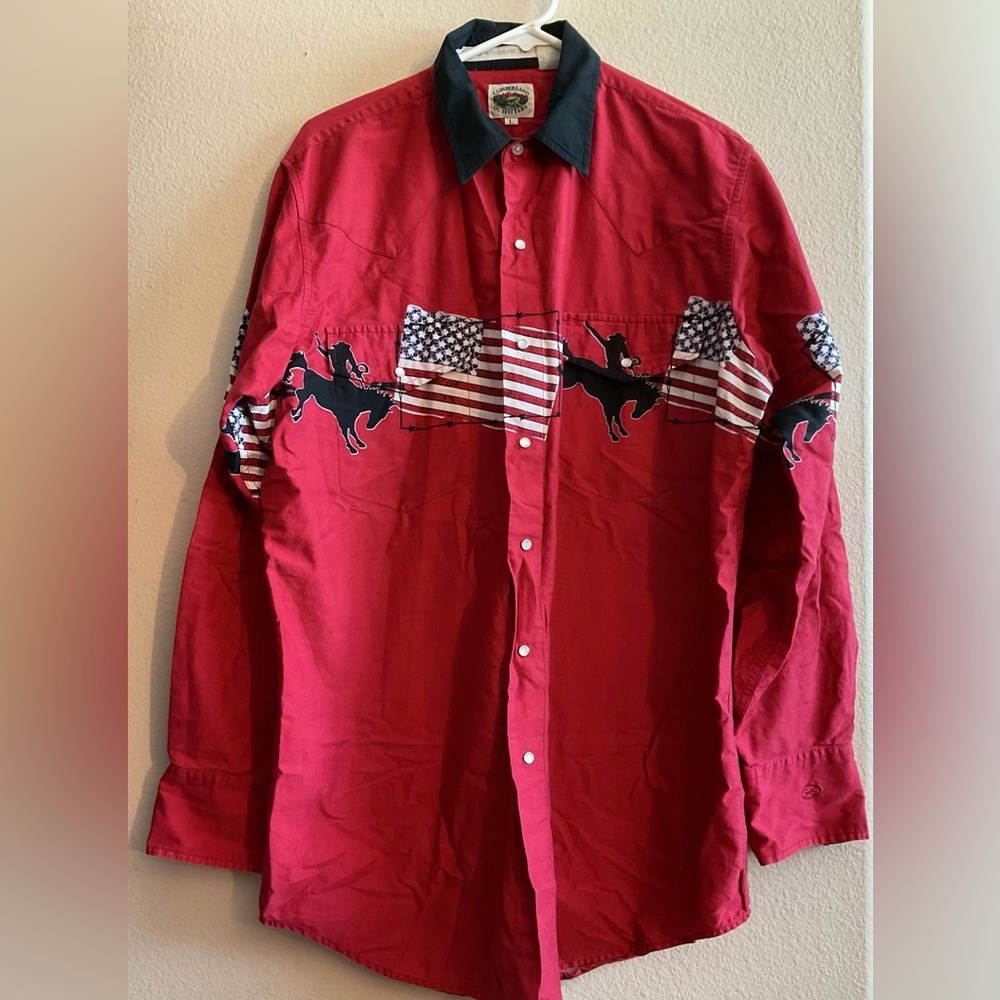 Cumberland Outfitters Red Western Cowboy‎ Long Sleeve Pearl Snap Button Up Shirt